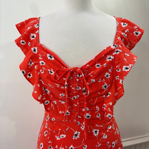 Lulus Size S Red Mini Dress On the Patio Floral Print Ruffled Coquette Milk Maid - Picture 4 of 14
